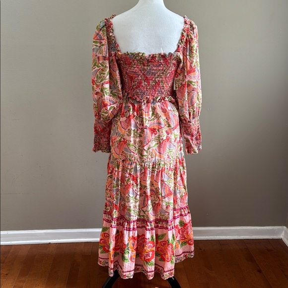 Farm Rio Macaw Flight Tiered Printed Cotton Smocked Floral Midi Dress Size M - Picture 13 of 17